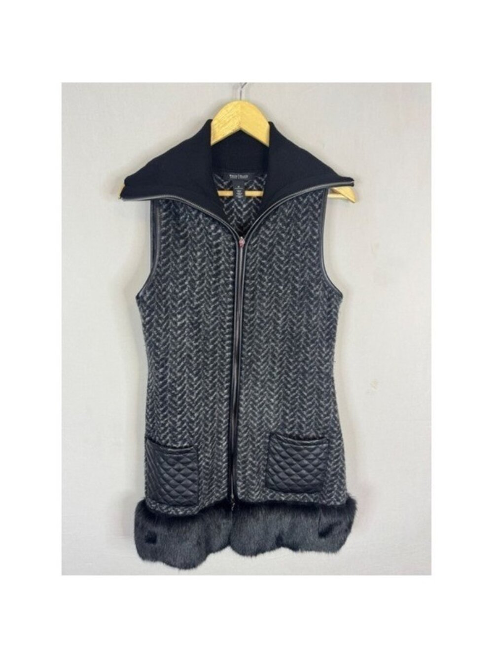 White House Penny Lane Black Market Herringbone Vest Grey Faux Fur Trim M